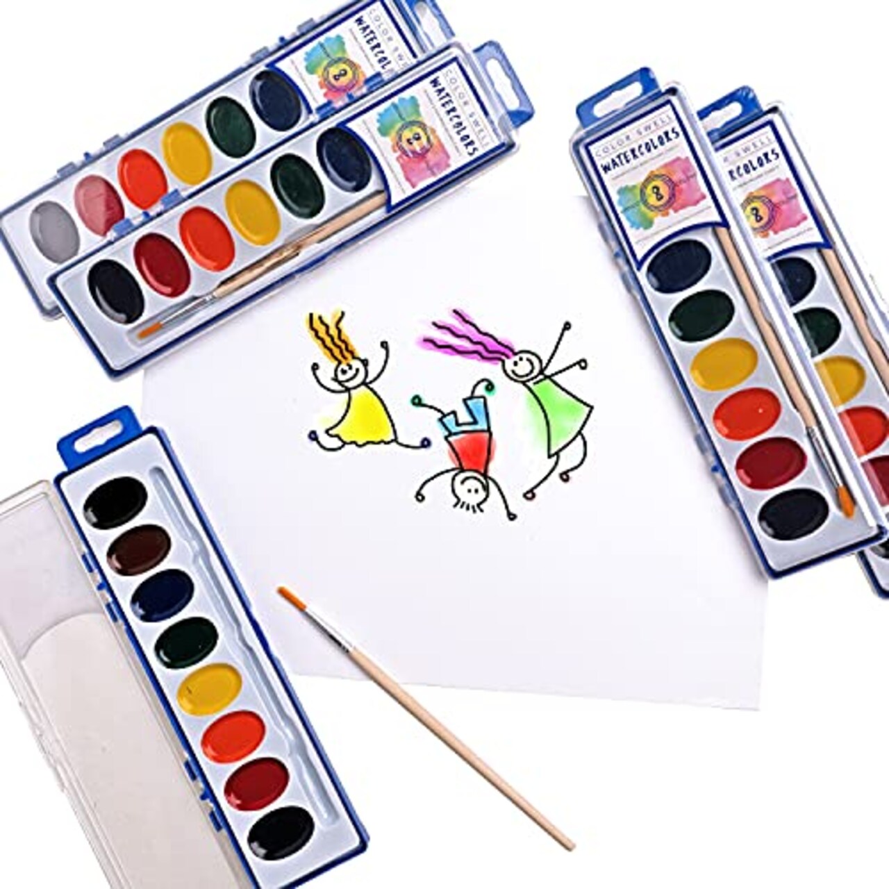 36 Pack -Color Swell 36 Set Bulk Watercolor Paint Pack with Wood Brushes 8 Colors Washable Water Colors Perfect for Kids Classroom Parties Students All Ages